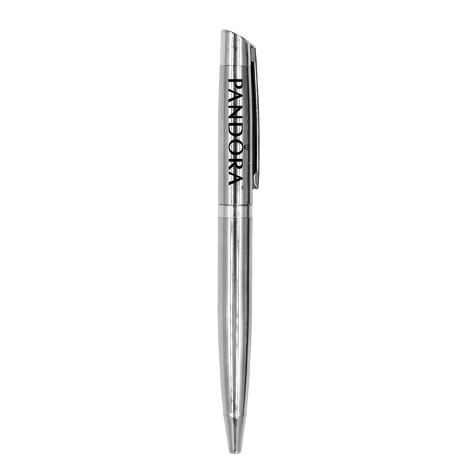 A silver metal ball pen with a clip and a logo on the side. The pen has a sleek and polished design.
