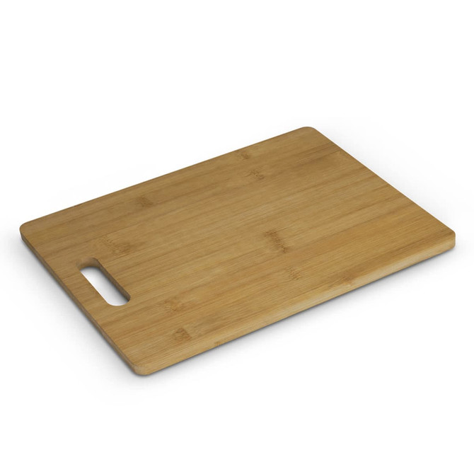 A bamboo rectangle chopping board in natural tones with a handle. It features a smooth surface and a simple design.