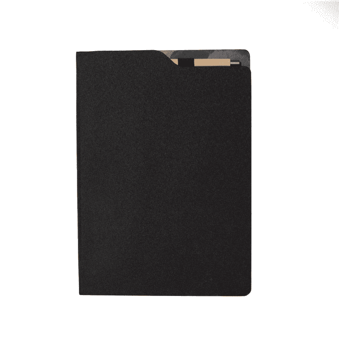 A black A4 notebook featuring a sleek design with a pocket and an interior insert for holding cards.