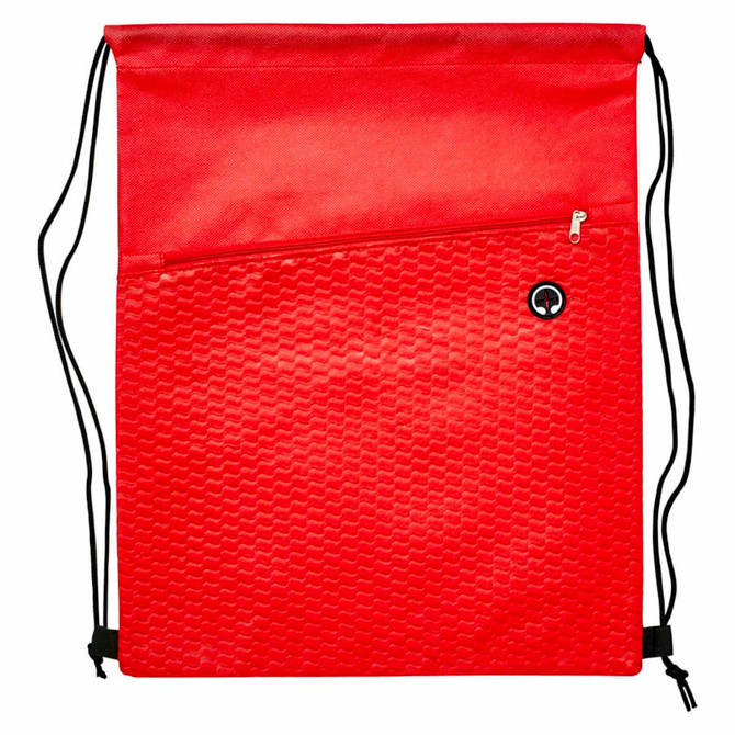 A red drawstring bag with a textured bottom and a zippered front pocket, featuring a logo.