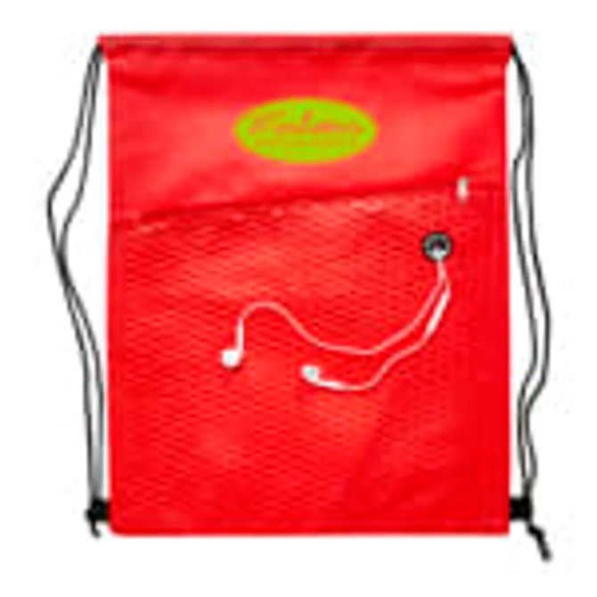 A red drawstring bag with a mesh pocket and a black cord. It features a logo on the front.