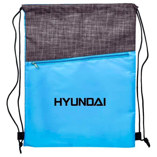 A drawstring bag in light blue with a dark grey textured top and a zip pocket, featuring a logo.