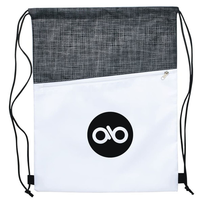 A drawstring bag in white and black with a textured top section and a zippered pocket, featuring a logo.