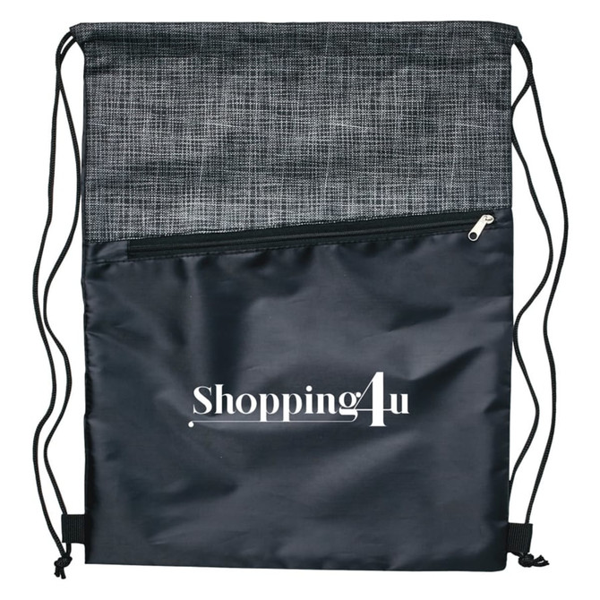 A drawstring bag featuring a grey crosshatch pattern on top and a black bottom with a zippered pocket.