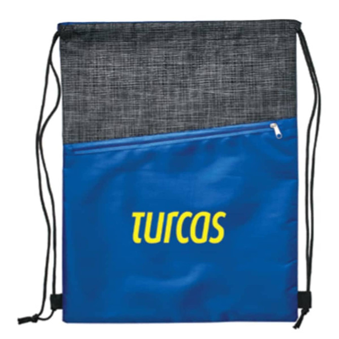 A blue drawstring bag with a grey crosshatch top and a zippered pocket, featuring a logo.
