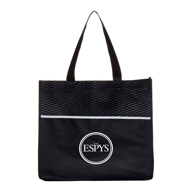 A black shopping tote bag featuring a textured upper and a circular logo at the centre.