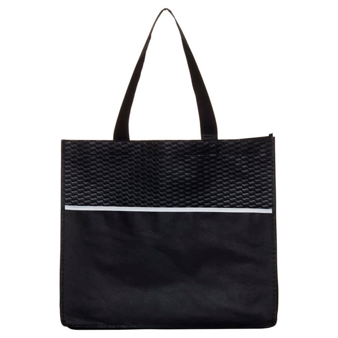 A black shopping tote bag with a textured top section and a plain lower section. It features two sturdy handles.