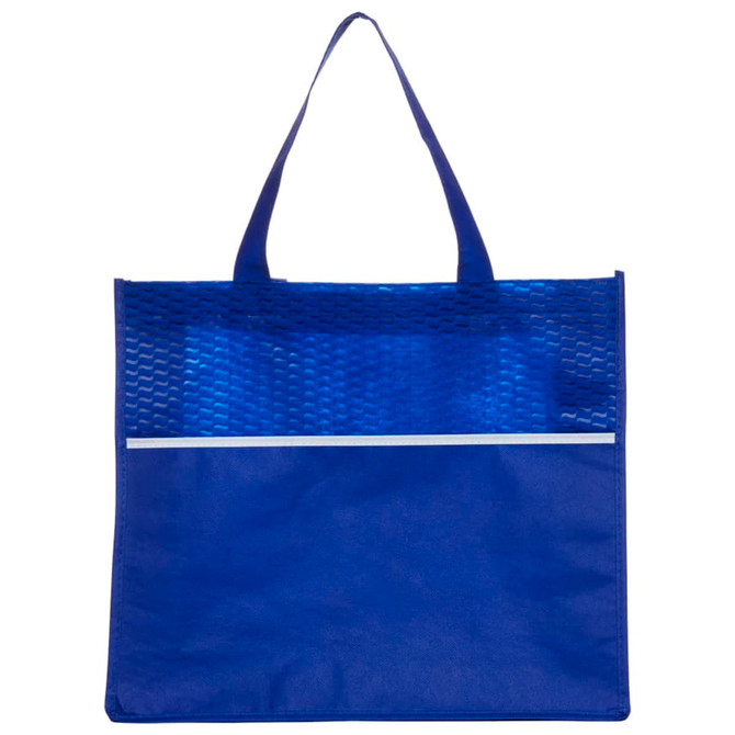 A blue shopping tote bag with a wave-patterned top section and a white horizontal stripe, featuring a logo.