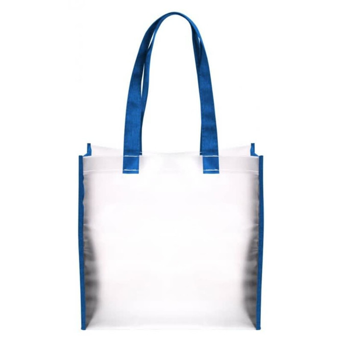 A transparent tote bag with blue handles and trim, featuring a simple design and a logo.