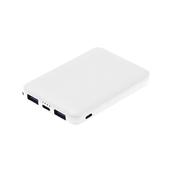 A white power bank with multiple ports and a smooth finish. It has a simple design and is compact in size.