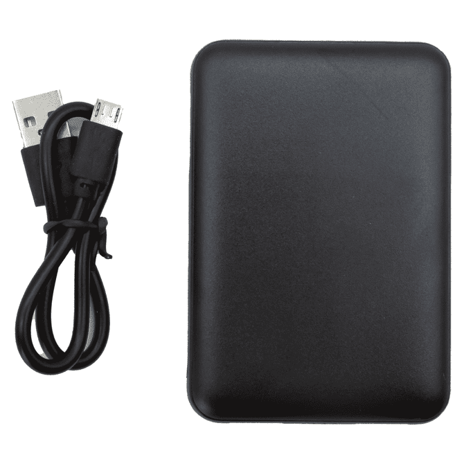 A black power bank with a capacity of 5,000mAh and a USB cable next to it.