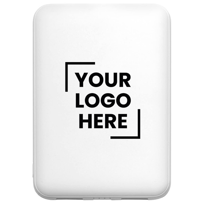 A white power bank with a logo placeholder on the front. The device has a slim design and rounded edges.