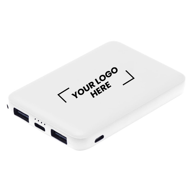 A white power bank with USB ports and a logo placeholder on the surface.