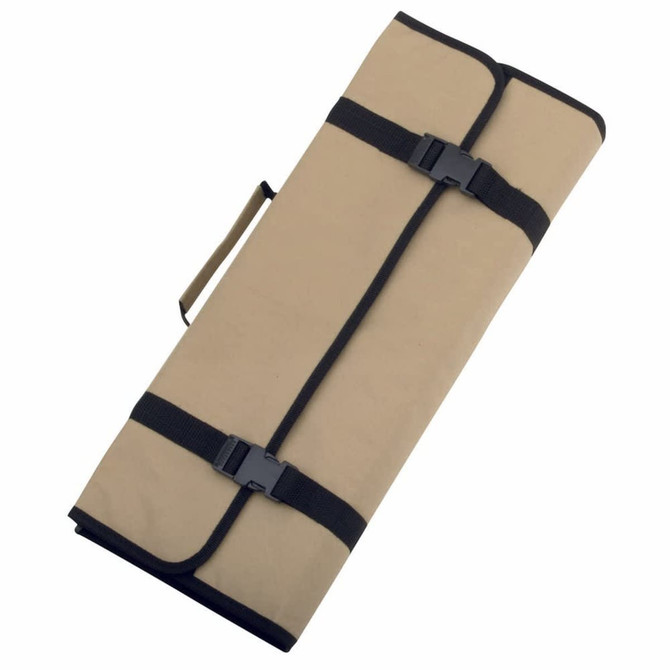 A folded tan and black BBQ set, secured with straps and featuring a handle for easy carrying.