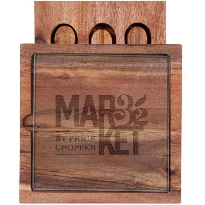 A wooden cheese board with a glass top, featuring three circular cut-outs and a logo.