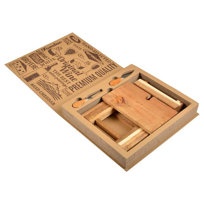 A foldable cheese and wine board in natural wood, featuring utensils and a decorative box with various designs.