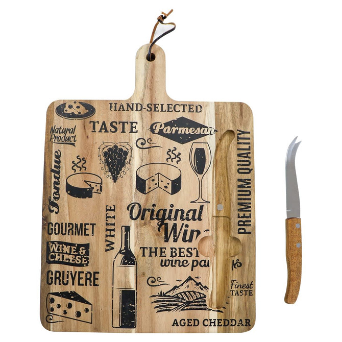 A wooden cheeseboard featuring various food and beverage illustrations, accompanied by a cheese knife with a wooden handle.