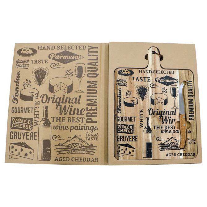 A wooden cheeseboard featuring cheese and wine illustrations, with earthy tones and a branding logo.