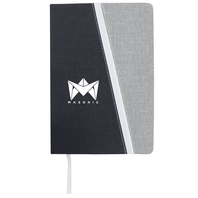 A notebook featuring a grey and black cover with a logo and a white geometric design. It includes a ribbon bookmark.