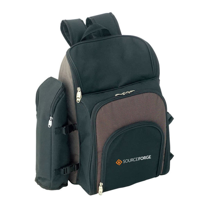 A black and brown picnic backpack with multiple compartments and a side drink bottle holder, featuring a logo.