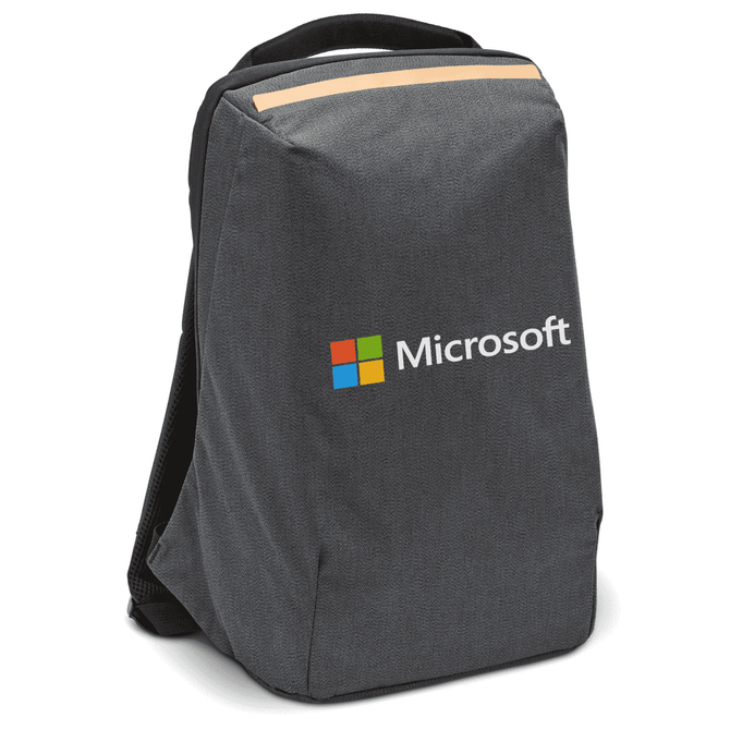 A grey computer backpack with a sleek design and a logo on the front.
