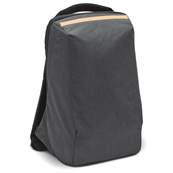 A grey computer backpack with a sleek design and a subtle logo on the front.