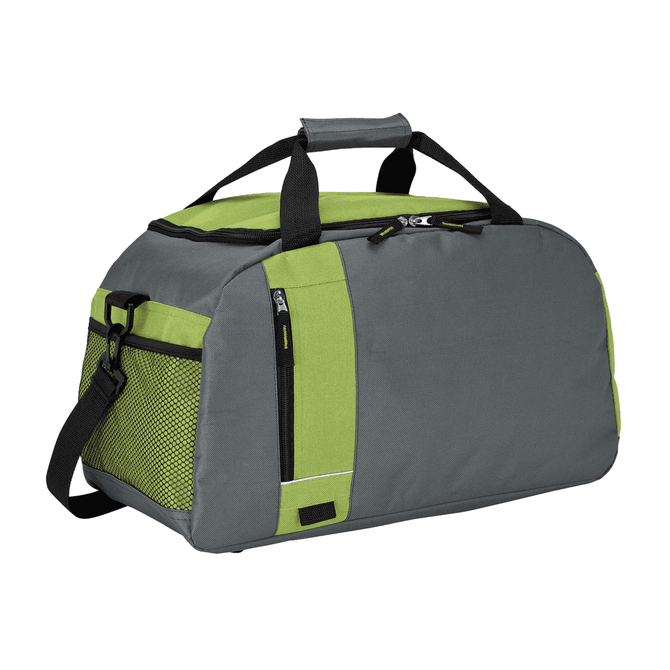 A grey duffle bag with lime green accents, featuring a side mesh pocket and a shoulder strap.