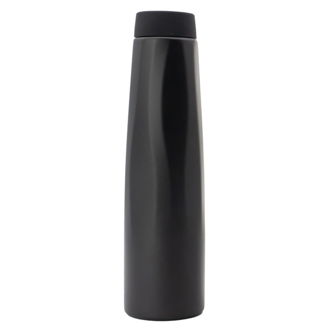 A drink bottle with a sleek, black design, featuring a tapered shape and a lid. It has a logo on the side.