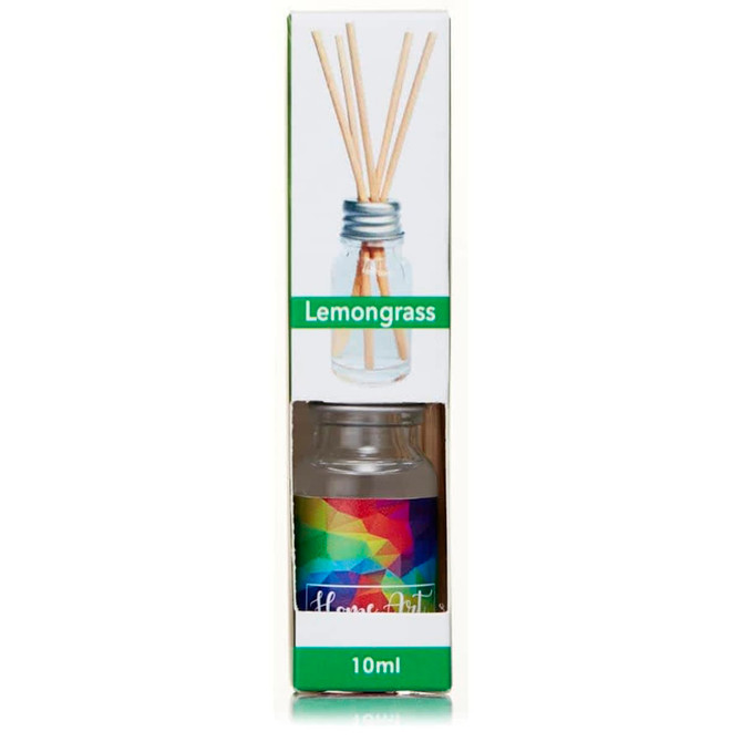 A 10ml reed diffuser in a clear bottle, featuring coloured packaging and bamboo reeds for scent distribution.