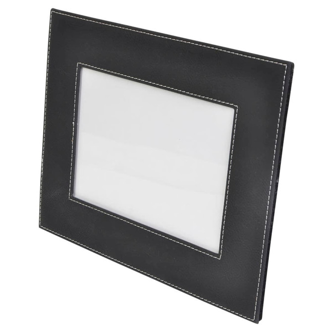 A black 5x7 photo frame with a stitched border and a clear display area, featuring a subtle logo.