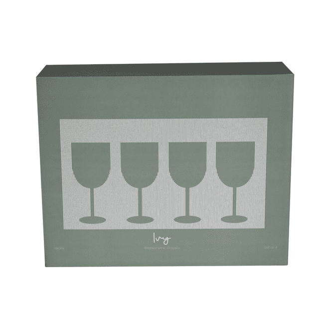 A set of four ribbed wine glasses in a green box, featuring a simple logo design.