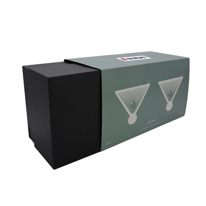 A boxed set of iridescent martini glasses, featuring a sleek design and a modern colour scheme.