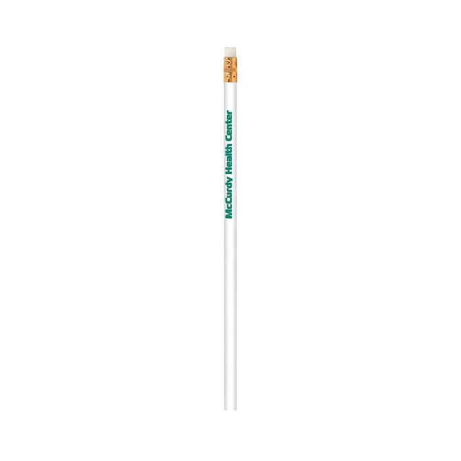 A white grey-lead pencil with an eraser and a logo printed in green.