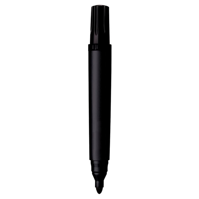 A black permanent marker with a ridged cap, featuring a fine tip for precise writing. It has a logo on the body.