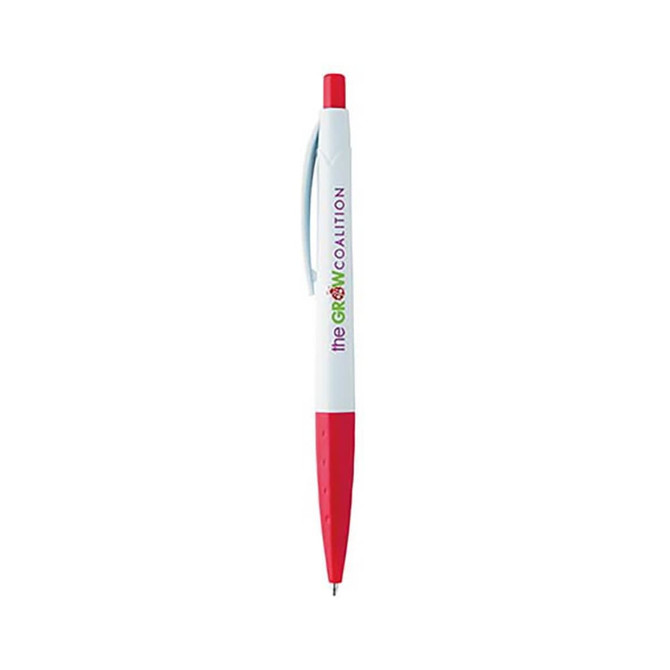 A plastic pen with a white barrel and red grip, featuring a logo.