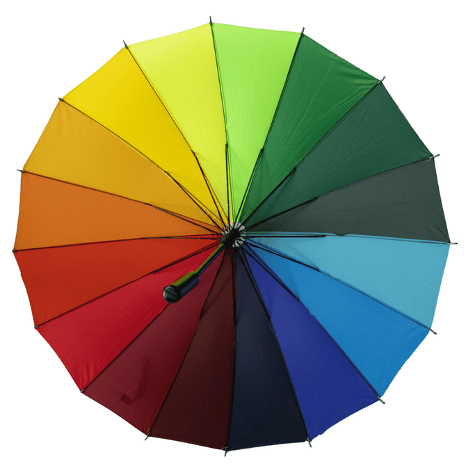 A vibrant, multi-coloured umbrella featuring a gradient of rainbow hues from red to violet, with a black handle.