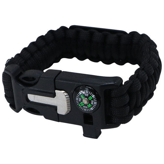 A black survival band featuring a compass and adjustable clasp, ideal for outdoor activities.