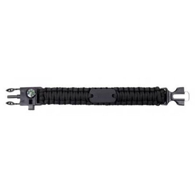 A black survival bracelet with a compass, whistle, and multi-tool clasp, featuring a woven design.