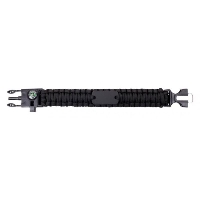 A black survival band featuring a compass and multi-tool clasp. The design includes woven paracord for durability.