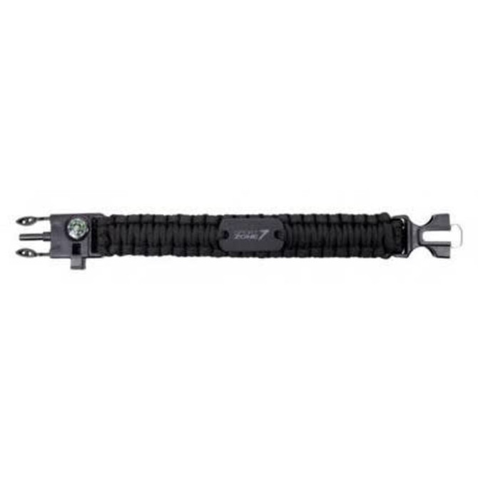 A black survival band with a compass and integrated tools, featuring a woven design and a branding logo.