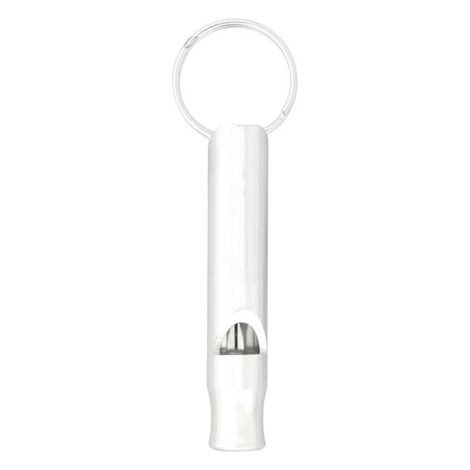 A white aluminium metal whistle keychain with a circular keyring attachment.