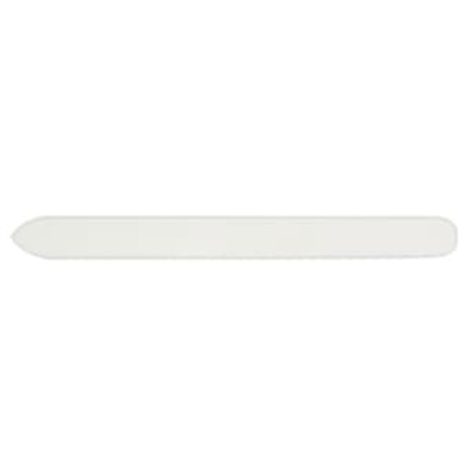 A glass nail file in a sleek, clear design, featuring a smooth, elongated shape.