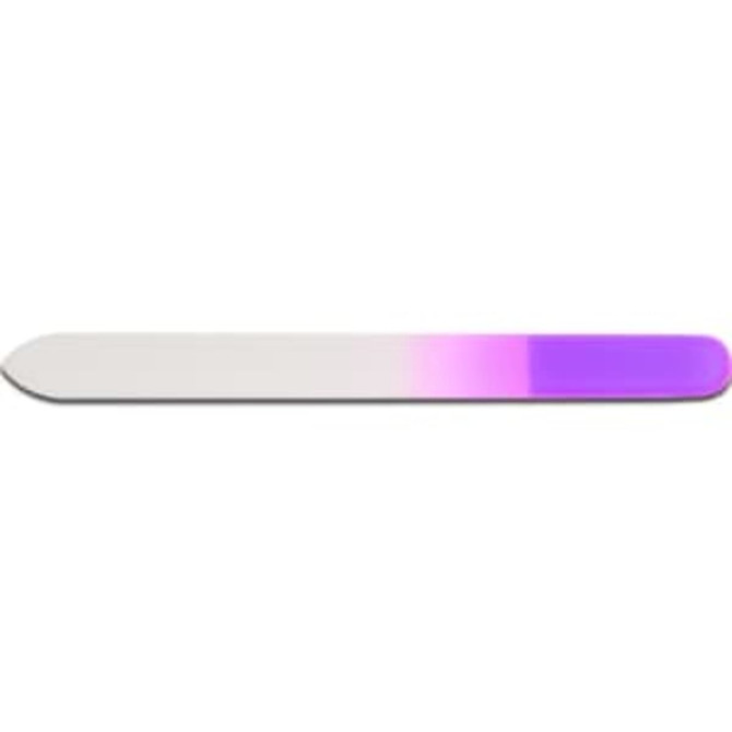 A glass nail file with a smooth white surface and a gradient purple handle. Features a branding logo.