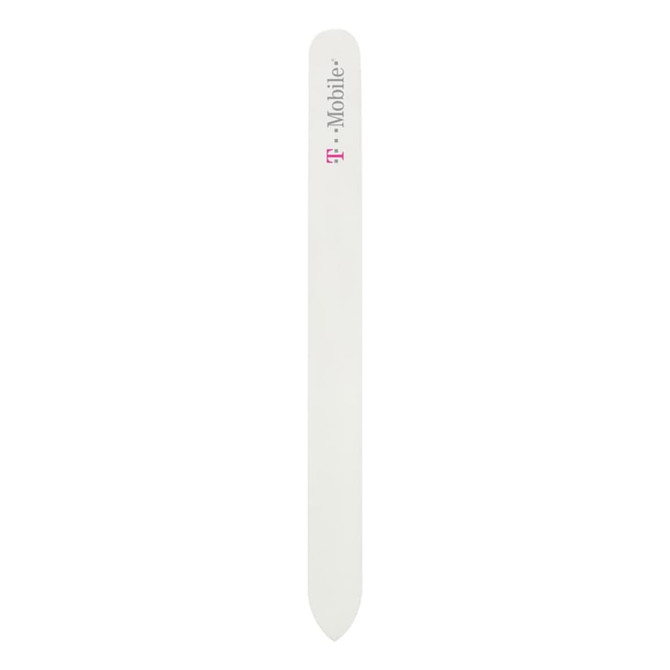 A glass nail file in white, featuring a logo at one end, designed for nail care.