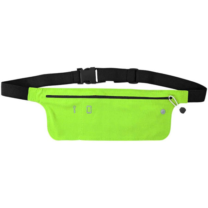 A bright green Lycra fitness belt with a black adjustable strap and a zippered pocket. It has a logo on the surface.