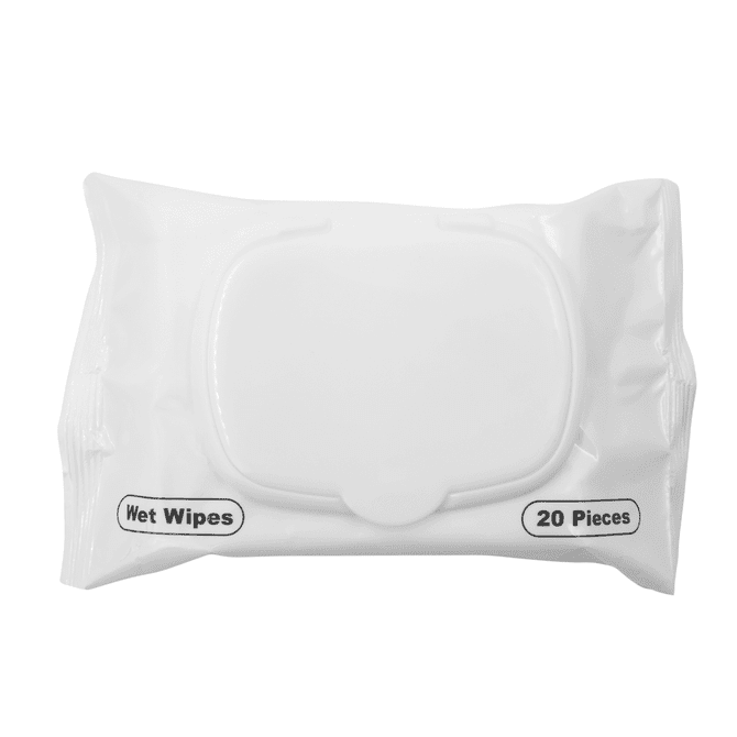 A white packet of antibacterial wipes containing 20 pieces. The packet has a lid and features a logo.