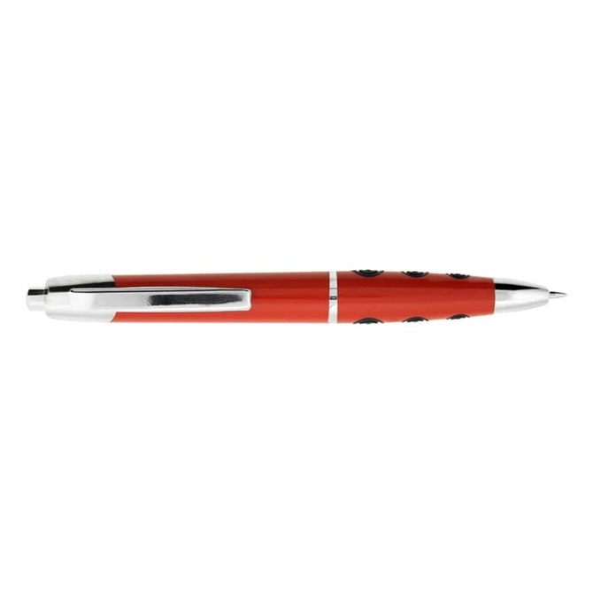 A red plastic pen with a silver clip and black polka dots, featuring a branding logo.