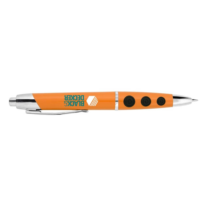 An orange plastic pen with a silver clip and three black buttons, featuring a logo.