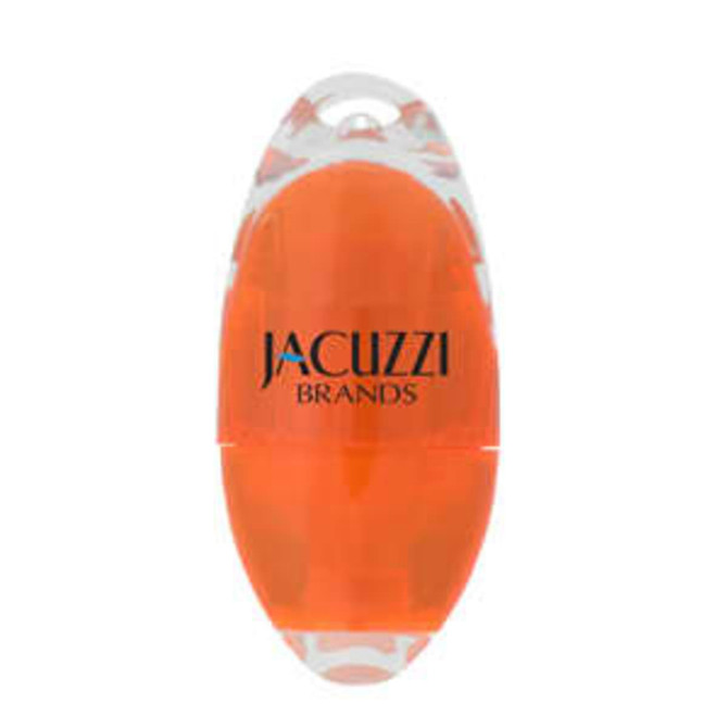 An orange highlighter with a clear casing, featuring a logo on the body.