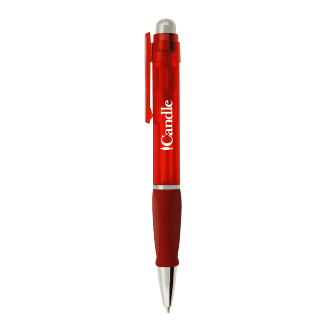 A red plastic pen with a silver tip and grip, featuring a logo on its barrel.